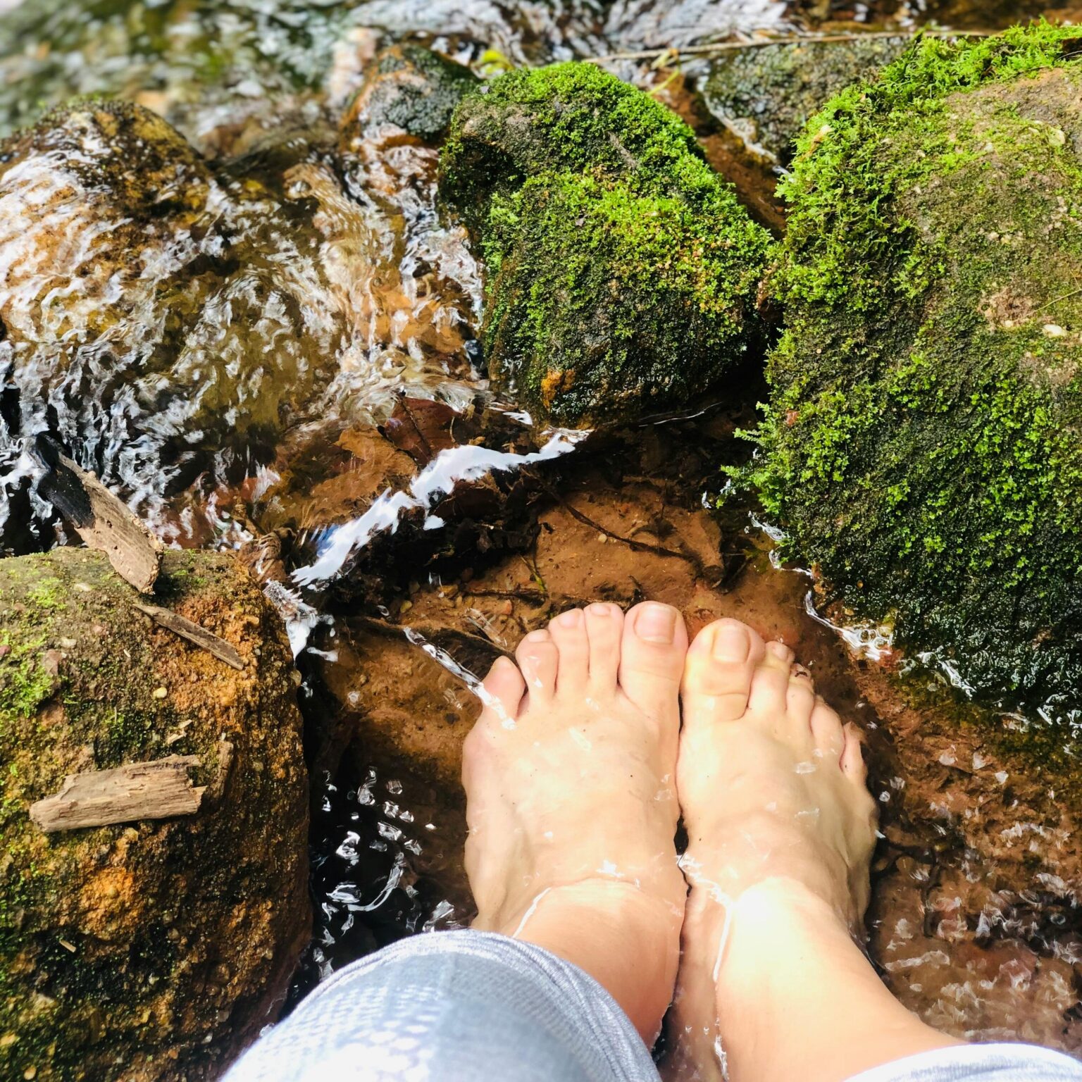 Feet soaking in a tranquil mossy stream, perfect for nature's serene moments.